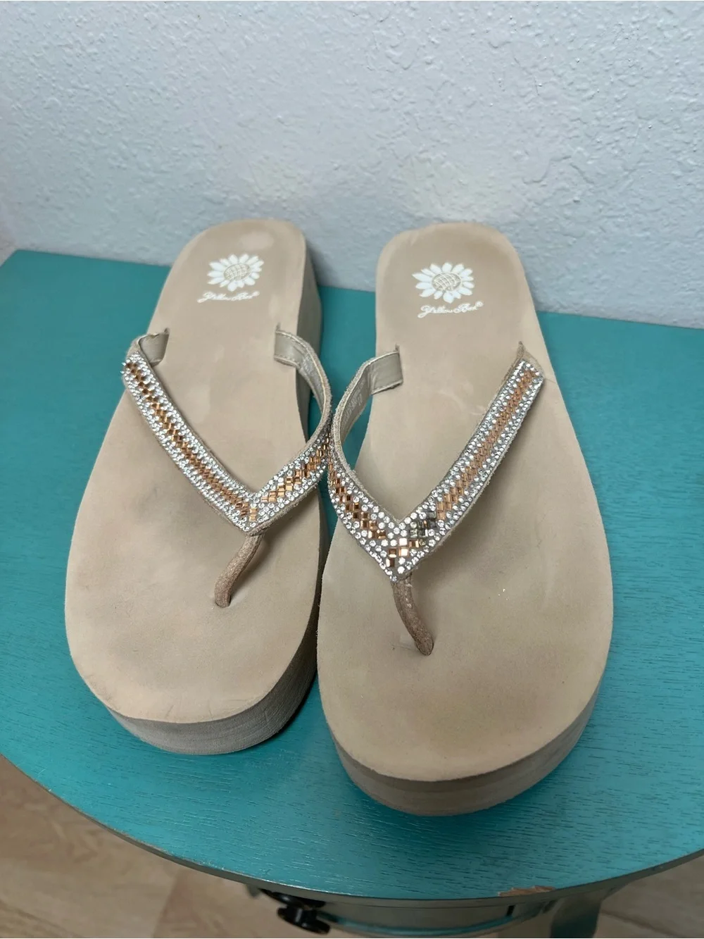 Yellow box Gold-Beige Rhinestone Platform Flip Flops - Women's